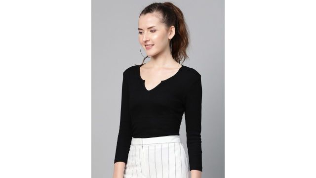 SASSAFRAS Women Black Ribbed T-shirt