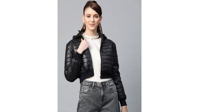 SASSAFRAS Women Black Solid Cropped Puffer Jacket
