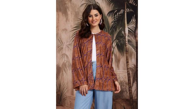 Sangria Paisley Print Round-Neck Ethnic Tailored Jacket