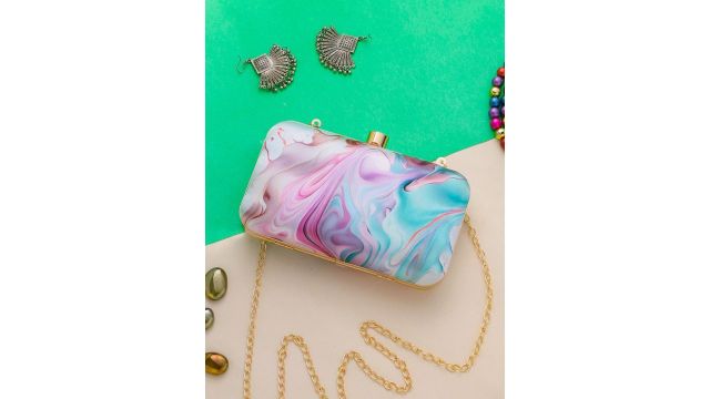 Sangria Purple & Blue Printed Box Clutch