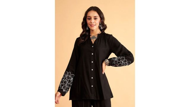 Shae by SASSAFRAS Black Floral Embroidered Oversized Party Shirt