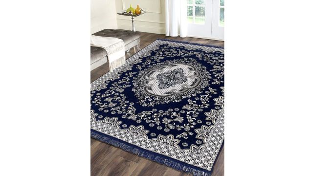 Sparrow World Blue & White Floral Printed Velvet Chennille Rectangular Carpet