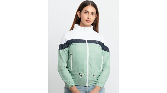 Status Quo Women Colourblocked High Neck Bomber Jacket