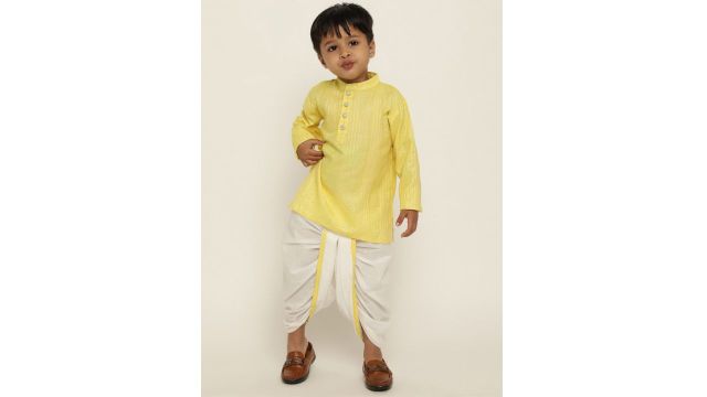 Stuffie Land Boys Striped Kurta with Dhoti Pants (Yellow/White)