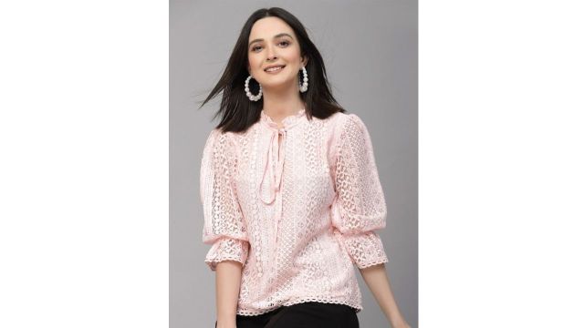 Style Quotient Self Design Tie-Up Neck Puff Sleeve Cotton Top