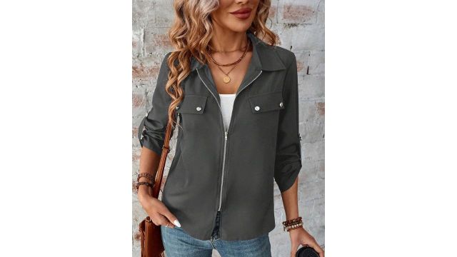 StyleCast Women Zip-Up Roll Tab Sleeve Utility Open Front Jacket