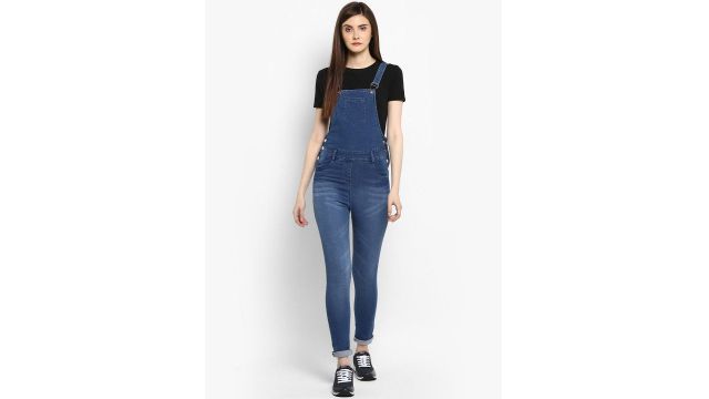 StyleStone Women’s Blue Stretchable Denim Washed Effect Dungarees