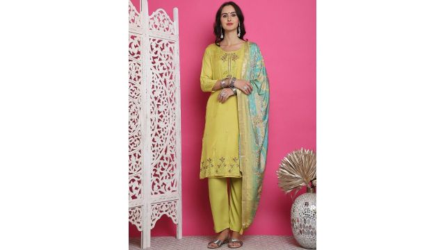 Stylee LIFESTYLE Floral Embroidered Sequinned Pure Silk Unstitched Dress Material