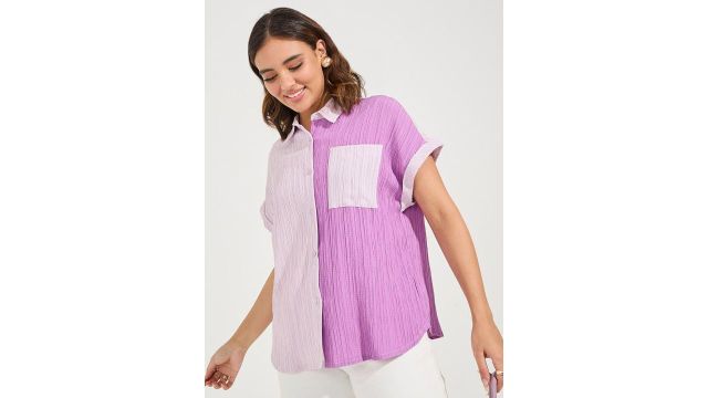 Styli Women Regular Fit Textured Color Block Shirt