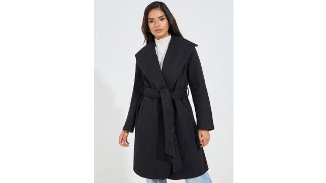 Styli Women Solid Belted Longline Wool Look Coat