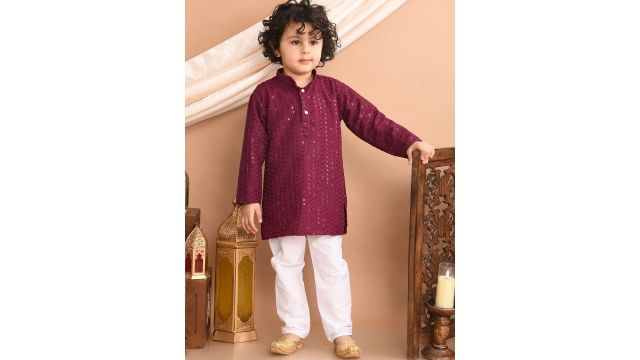 Superminis Boys Floral Embroidered Sequinned Kurta with Pyjamas (Purple)