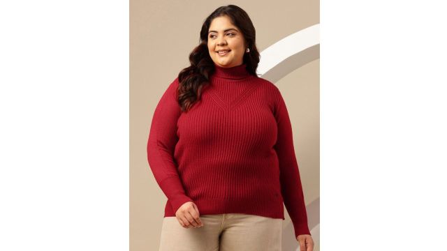 Sztori Plus Size High Neck Open‑Knit Detail Ribbed Pullover