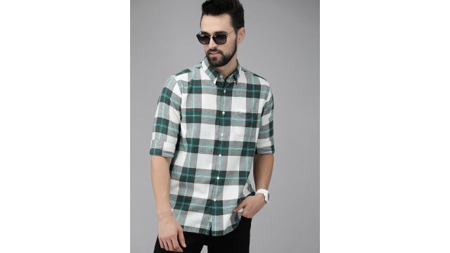 THE BEAR HOUSE Men Green Pure 8Checked Slim Fit Flannel Casual Shirt