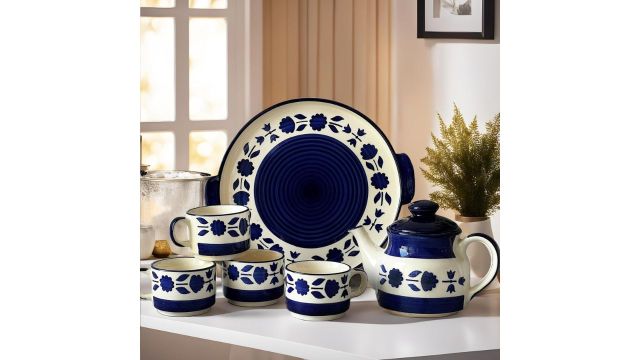 Tea Cup Set with Kettle & Serving Tray