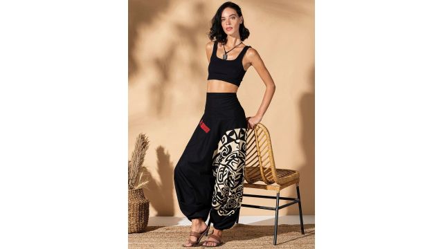 The Veshti Company Tribal Printed Pure Cotton Pleated Ankle‑Length Harem Pants (Black)