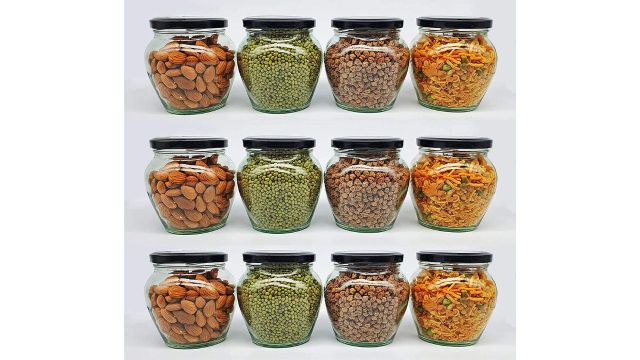 Transparent Glass Jar with Airtight Black Lid (400 ml, Set of 2)