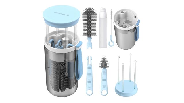Travel Baby Bottle Brush Set (6‑in‑1 Cleaner, Rack, Soap Dispenser)