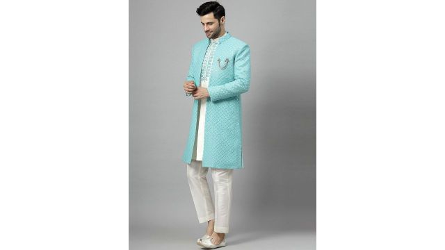 Utsav Fashion Embroidered Sherwani Set (Turquoise/Maroon)