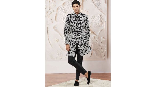 VASTRAMAY Embroidered Sherwani Set (Black & White)