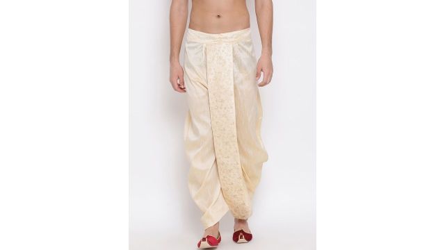 VASTRAMAY Men Gold-Coloured Embroidered Silk-Blend Ethnic Dhoti