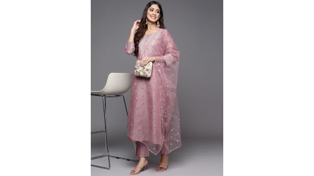 Varanga Floral Zari Embroidered Chanderi Silk Kurta with Trouser & Sequined Dupatta (Purple)