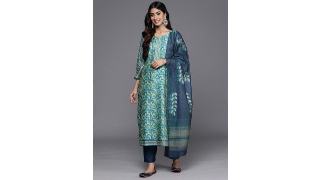 Varanga Sea Green Floral Printed Handwork Kurta with Trousers & Dupatta