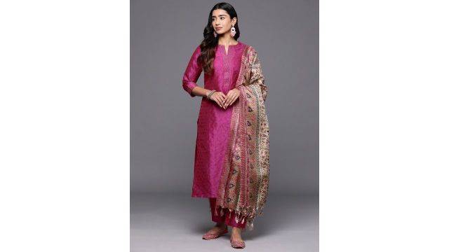 Varanga Women Pink Zari Work Textured Kurta with Trouser & Printed Dupatta