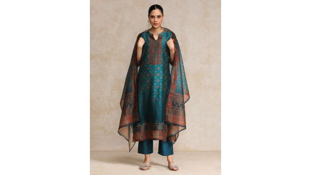 Varanga Women Printed Regular Chanderi Silk Kurta with Trousers & Dupatta