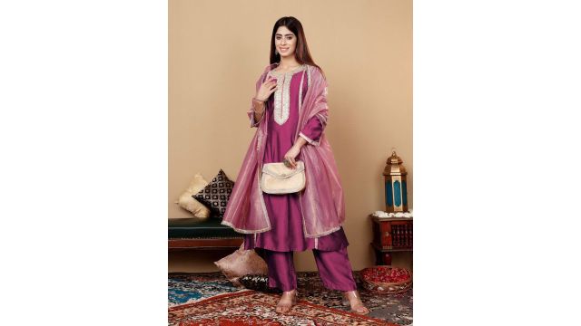 Varanga Yoke Design Regular Sequinned Kurta with Trousers & Dupatta