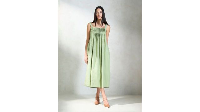 Virgio Pure Cotton Front Pleated Smocked Midi Dress