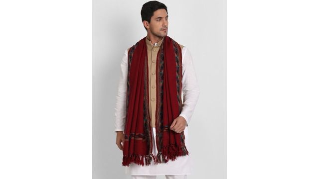 Zamour Men Maroon Himalayan Kullu Woven Design Shawl