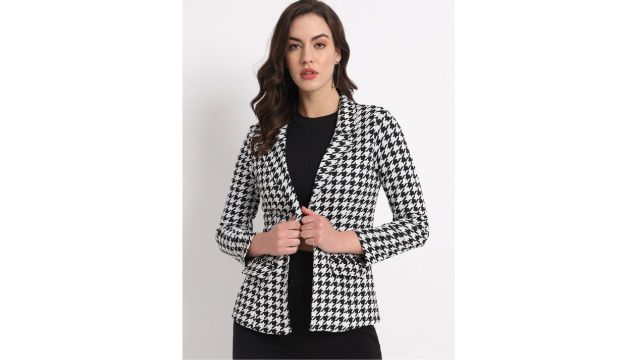 Zastraa Houndstooth Printed Slim‑Fit Open‑Front Blazer