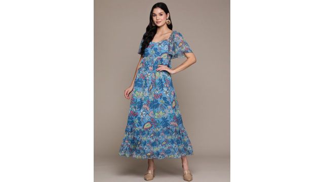 aarke Ritu Kumar Floral Print Flared Sleeves Sweetheart Neck Chiffon A-Line Maxi Dress