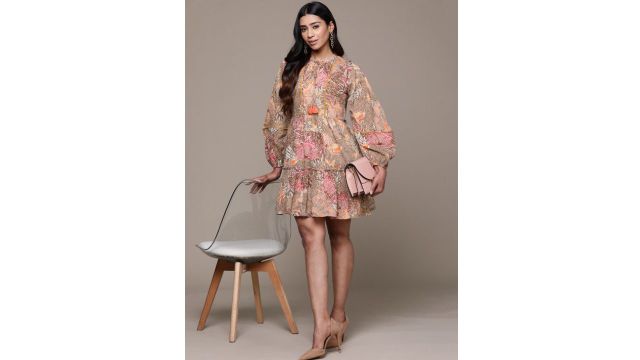aarke Ritu Kumar Floral Print Tie-Up Neck Puff Sleeve A-Line Cotton Mini Dress