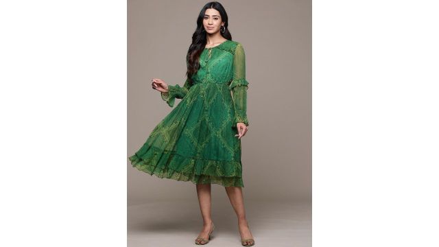 aarke Ritu Kumar Print Tie-Up Neck Puff Sleeve Ruffled Chiffon Fit & Flare Dress