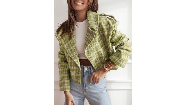 bebe Checked Peaked Lapel Front‑Open Crop Blazer
