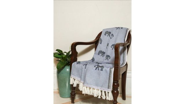 Crown of Poppies Elephant Printed Cotton Throw with Tassels