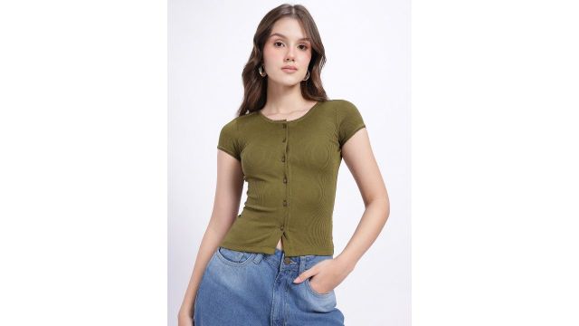 glitchez Round Neck Crop Ribbed Fitted Top