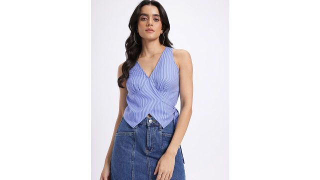 glitchez Striped Asymmetric Hem Tie-Up Wrap Top