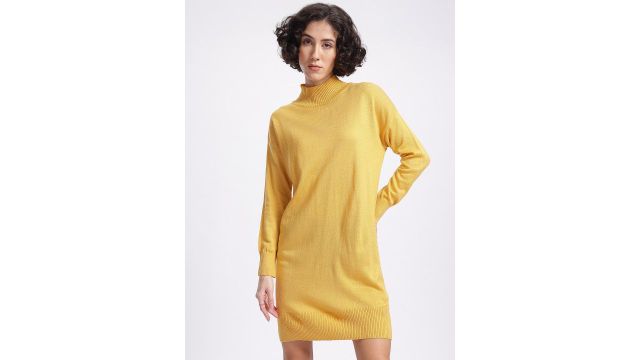 glitchez Drop‑Shoulder High‑Neck Knitted Winter Dress