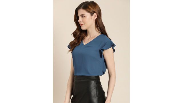 her by Invictus Teal Blue V-Neck Top With Flutter Sleeves