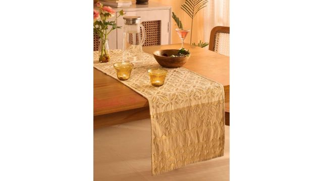 Peepul Tree Off-White & Beige Self Designed Cotton TableRunner