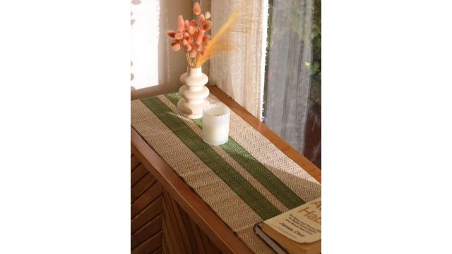 Peepul Tree Olive-Green & Off White Natural Grass 4-Seater Table Runner