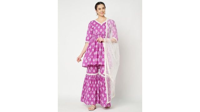 studio rasa Ethnic Motifs Printed V-Neck Pure Cotton Peplum Kurti with Sharara