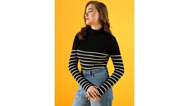 98 Degree North Women Cotton Striped Turtle Neck Long Sleeves Pullover