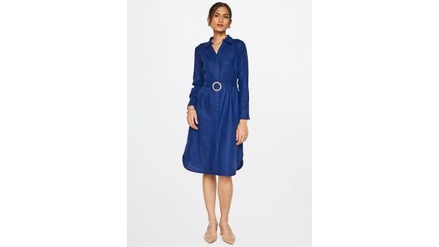 AND Opaque Shirt Collar Casual A-Line Midi Dress