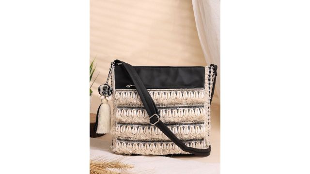 Anekaant Boho Textured Tasselled Cotton Jacquard Lace Sling Bag