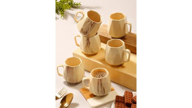 Arrabi Cream Abstract Ceramic Handmade 6 Piece Cups