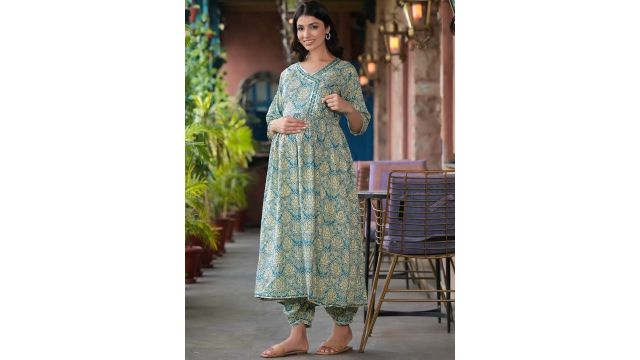 Aujjessa Printed Maternity Feeding Kurta with Harem Pants