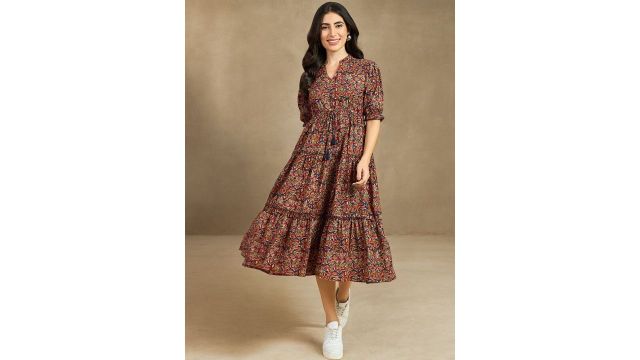 Azira Ethnic Motif Print Mandarin Collar Short Puff Sleeves Cotton A-Line Midi Dress
